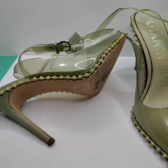 Beautiful smoky sage green, clear sling backs; w/ crystal trim - Picture 4 of 5